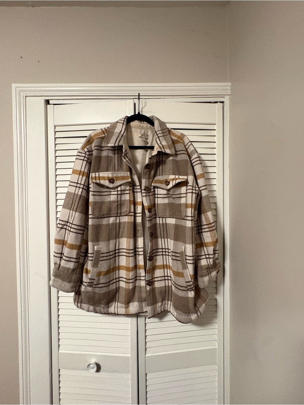 Style & Co. Plaid Button-Up Shacket in Beige, Brown and Mustard